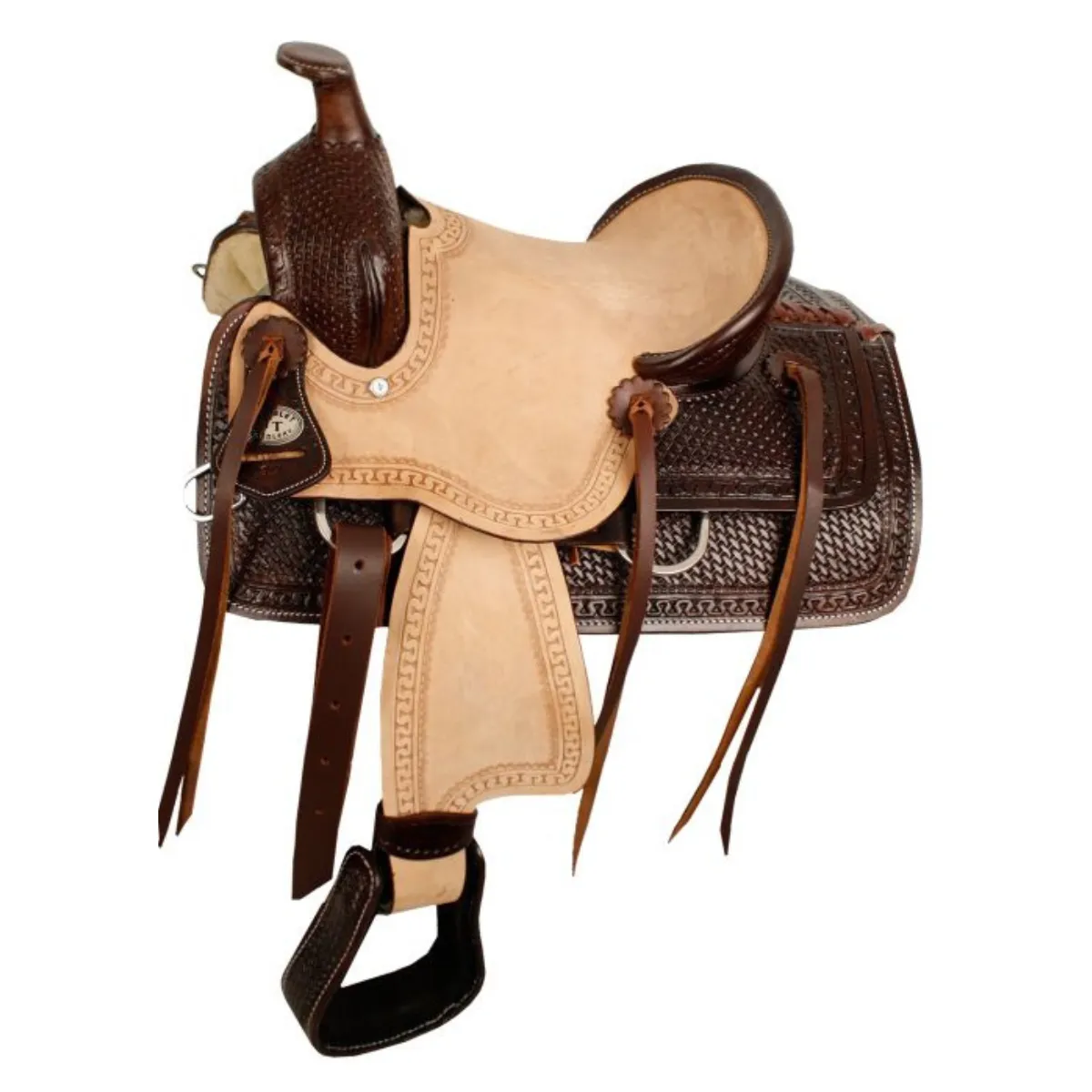 12" DOUBLE T HARD SEAT ROPER STYLE SADDLE WITH BASKETWEAVE TOOLING