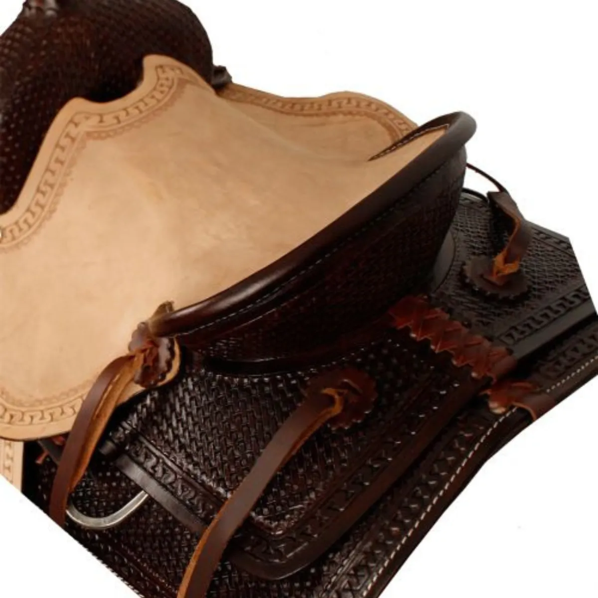 12" DOUBLE T HARD SEAT ROPER STYLE SADDLE WITH BASKETWEAVE TOOLING