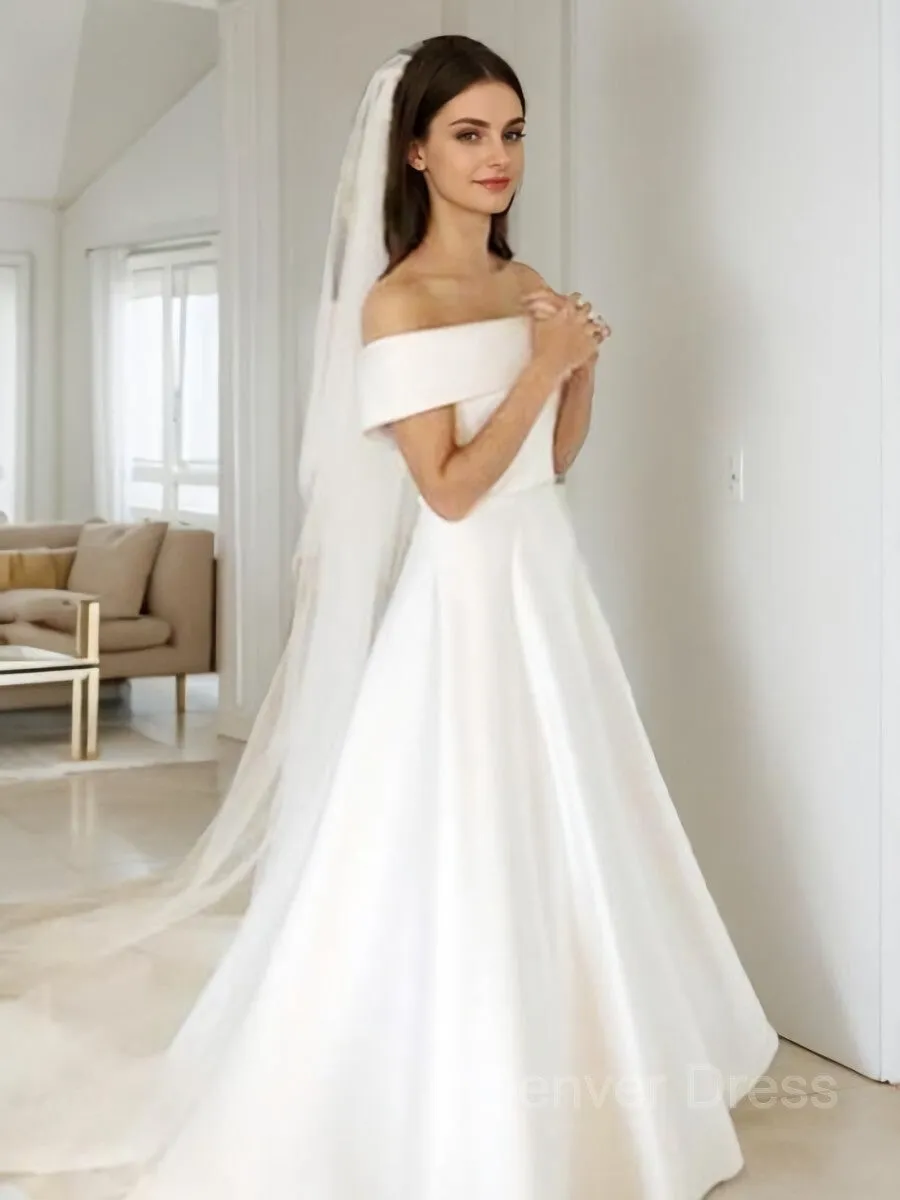 A-Line Off-the-Shoulder Sweep Train Satin Wedding Dresses