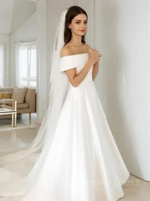 A-Line Off-the-Shoulder Sweep Train Satin Wedding Dresses