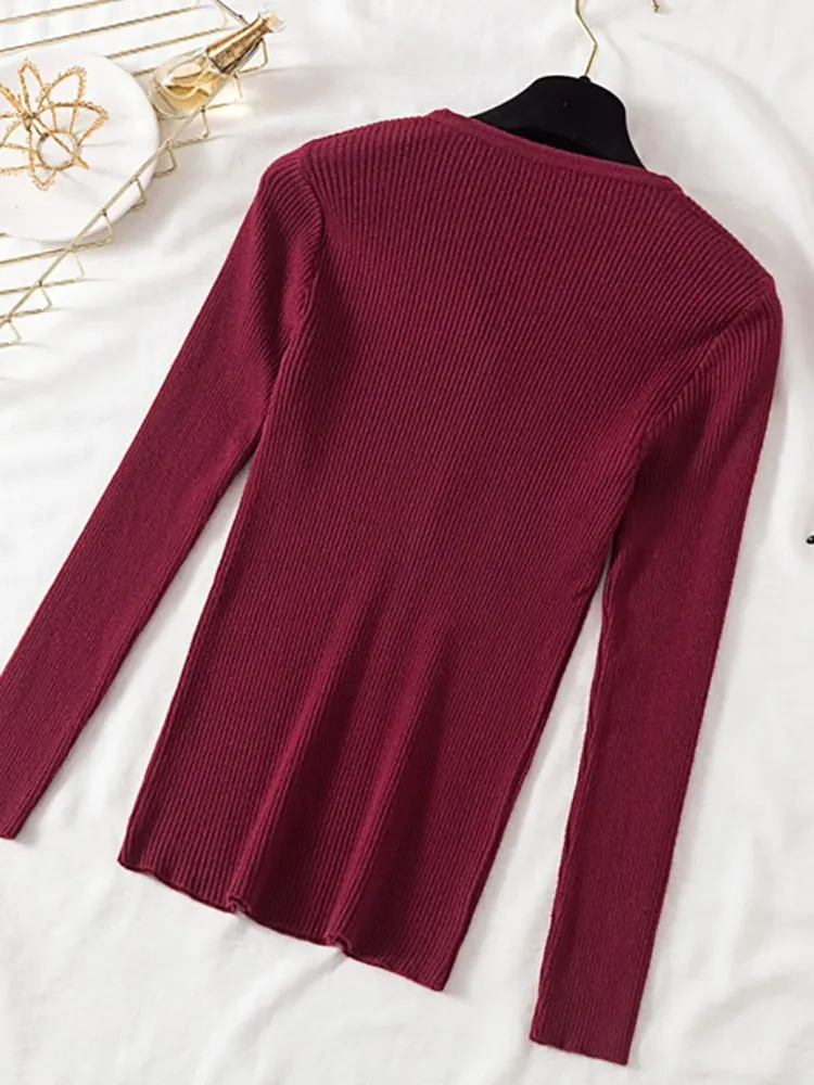 Amy Fashion - Button V Neck Basic Slim Tops