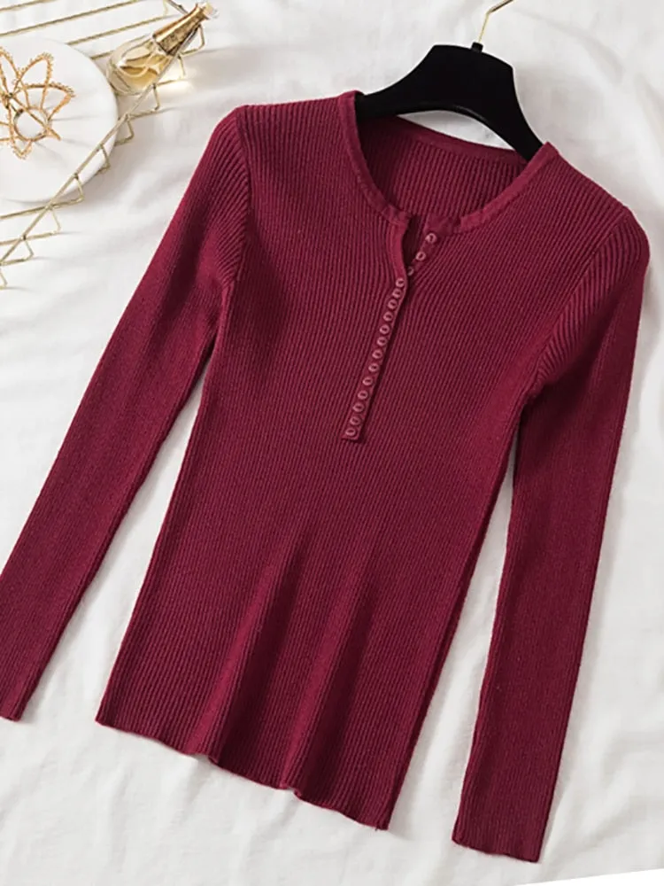 Amy Fashion - Button V Neck Basic Slim Tops