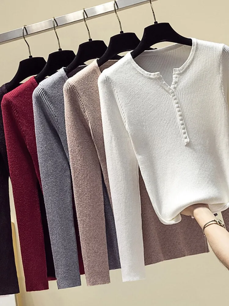 Amy Fashion - Button V Neck Basic Slim Tops