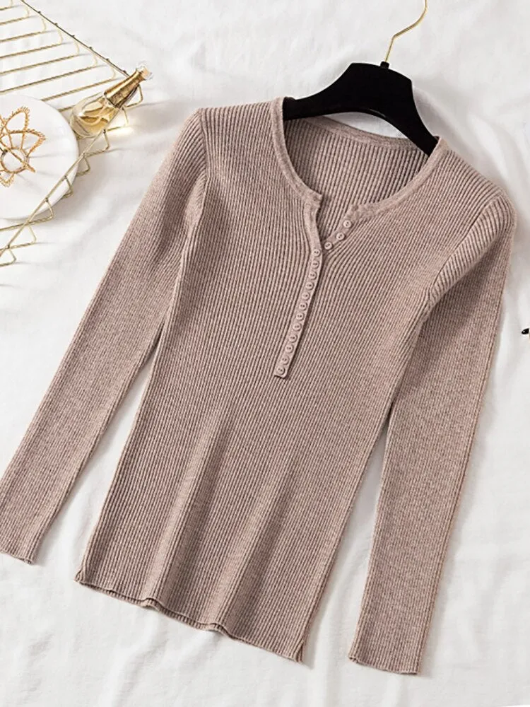 Amy Fashion - Button V Neck Basic Slim Tops