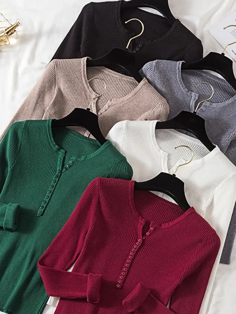 Amy Fashion - Button V Neck Basic Slim Tops