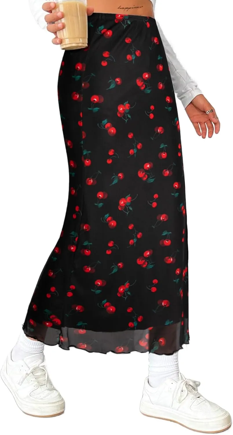Avanova Women's Mesh Slit Split Long Skirts High Waisted Sexy Summer Maxi Skirts
