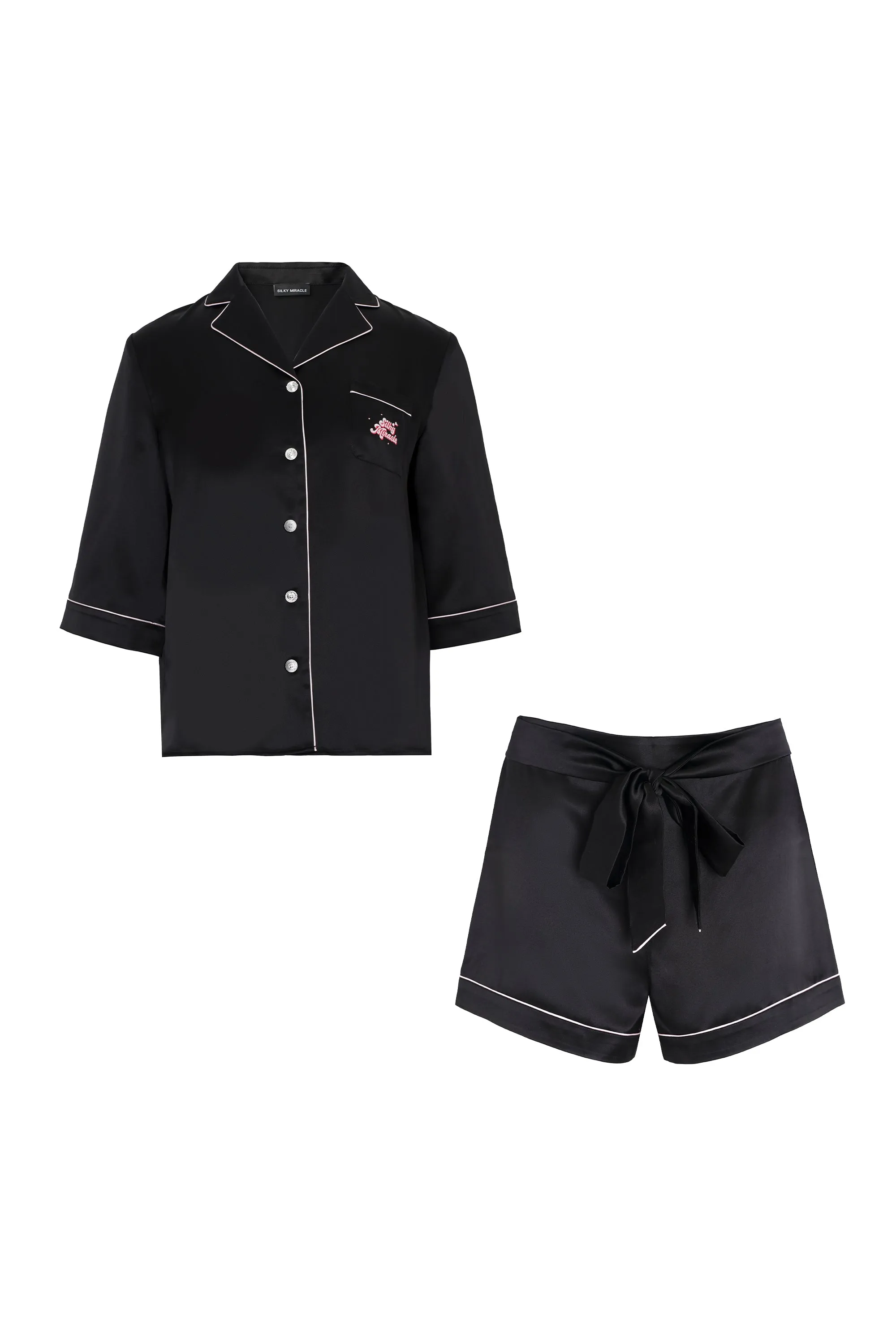 Black Front Tie Silk Pyjama Set
