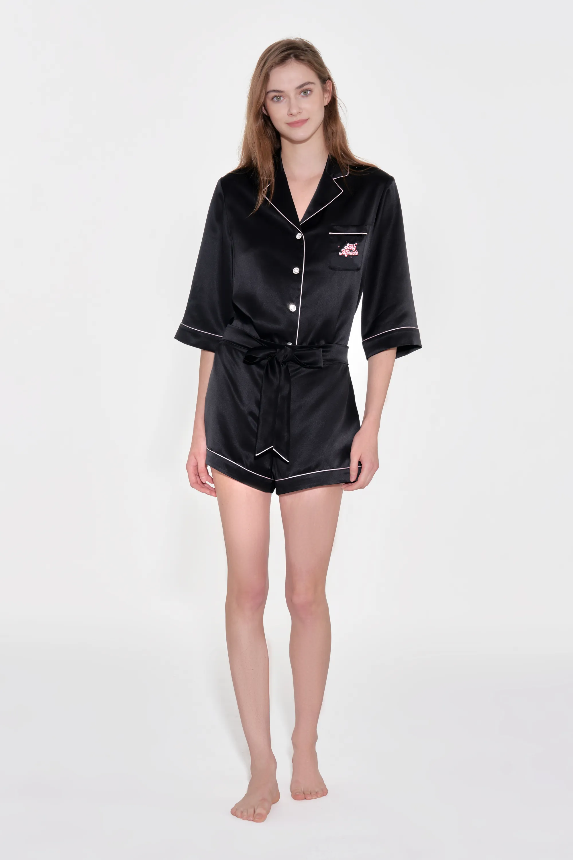 Black Front Tie Silk Pyjama Set