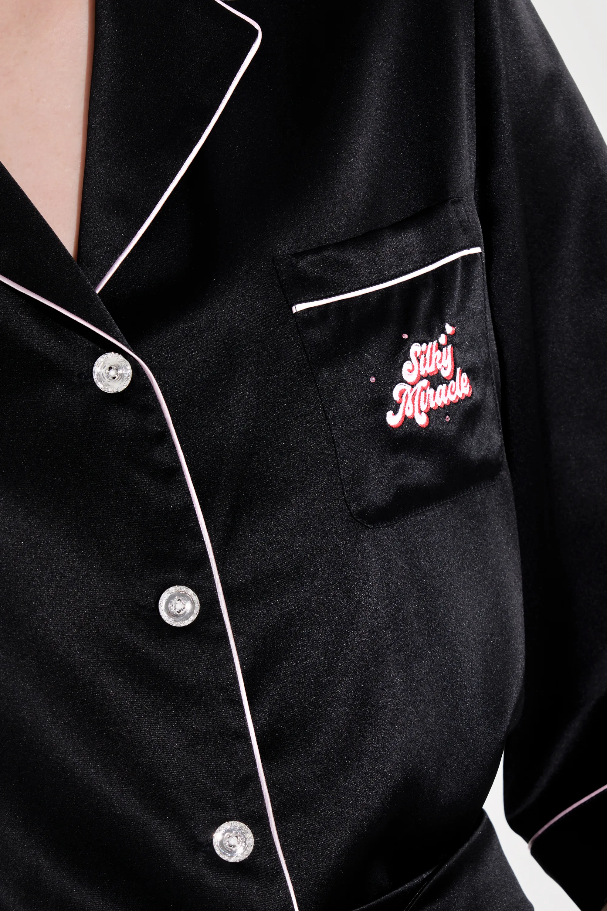 Black Front Tie Silk Pyjama Set
