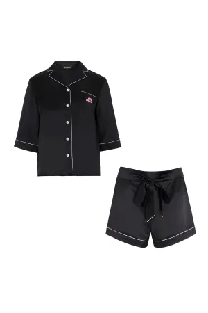 Black Front Tie Silk Pyjama Set