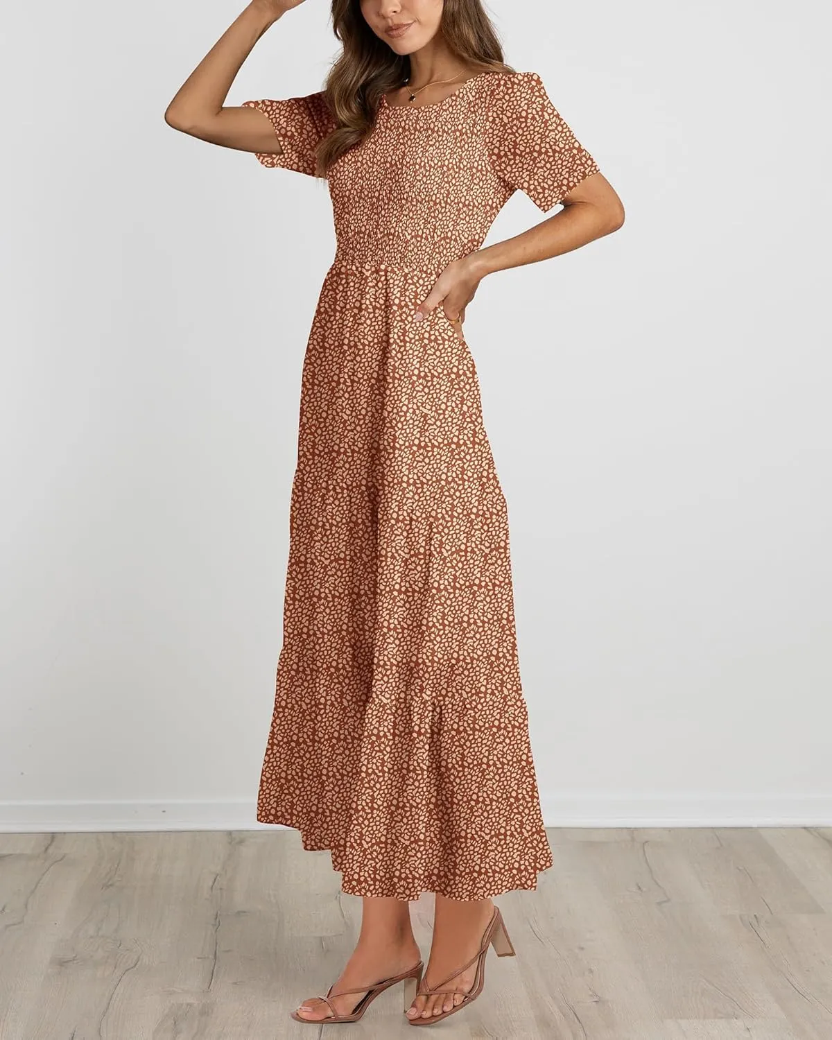 BTFBM Women Casual Short Sleeve Crew Neck Summer Dress Bohemian Floral Printed Flowy Maxi Dresses Tiered Cocktail Dress