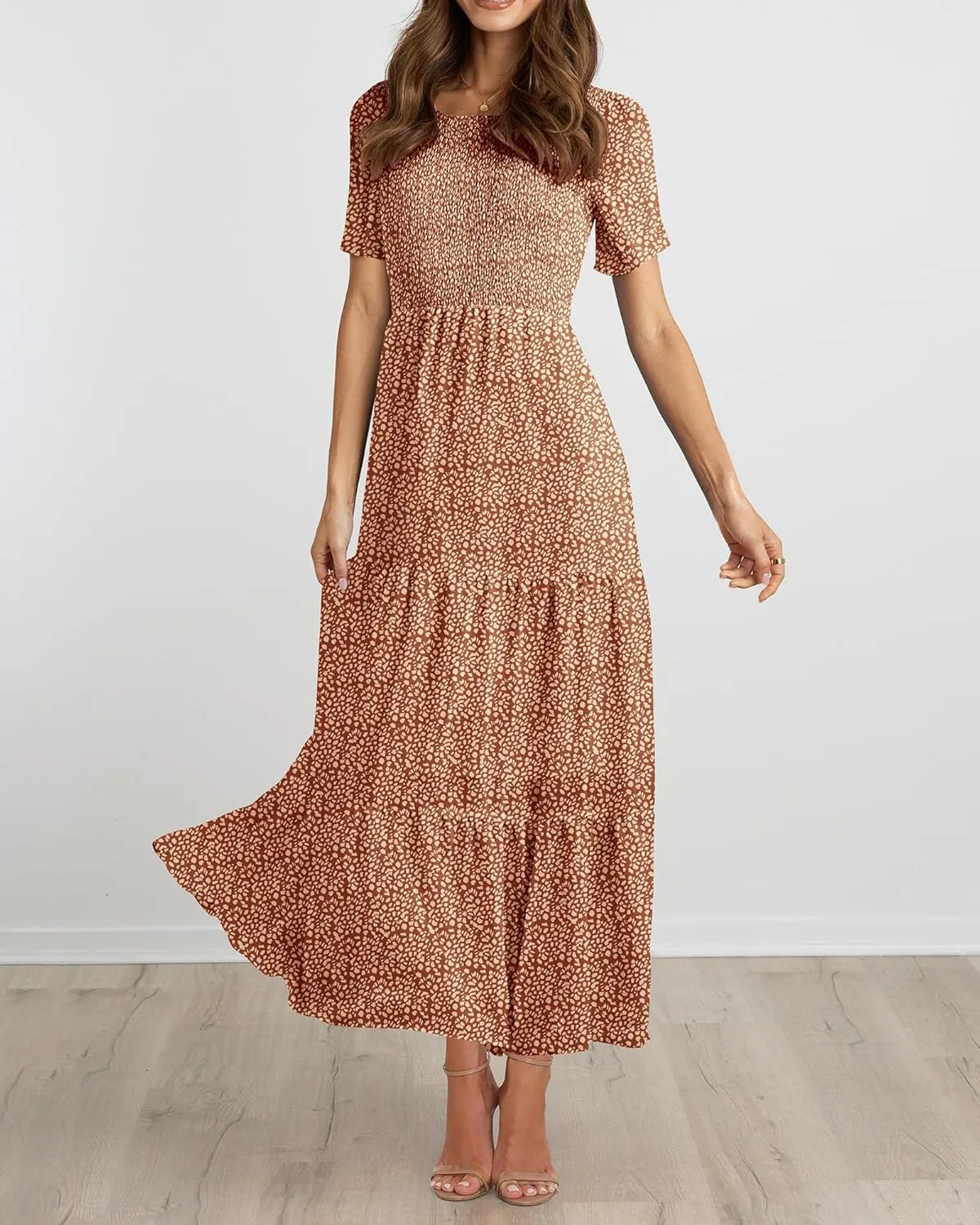 BTFBM Women Casual Short Sleeve Crew Neck Summer Dress Bohemian Floral Printed Flowy Maxi Dresses Tiered Cocktail Dress