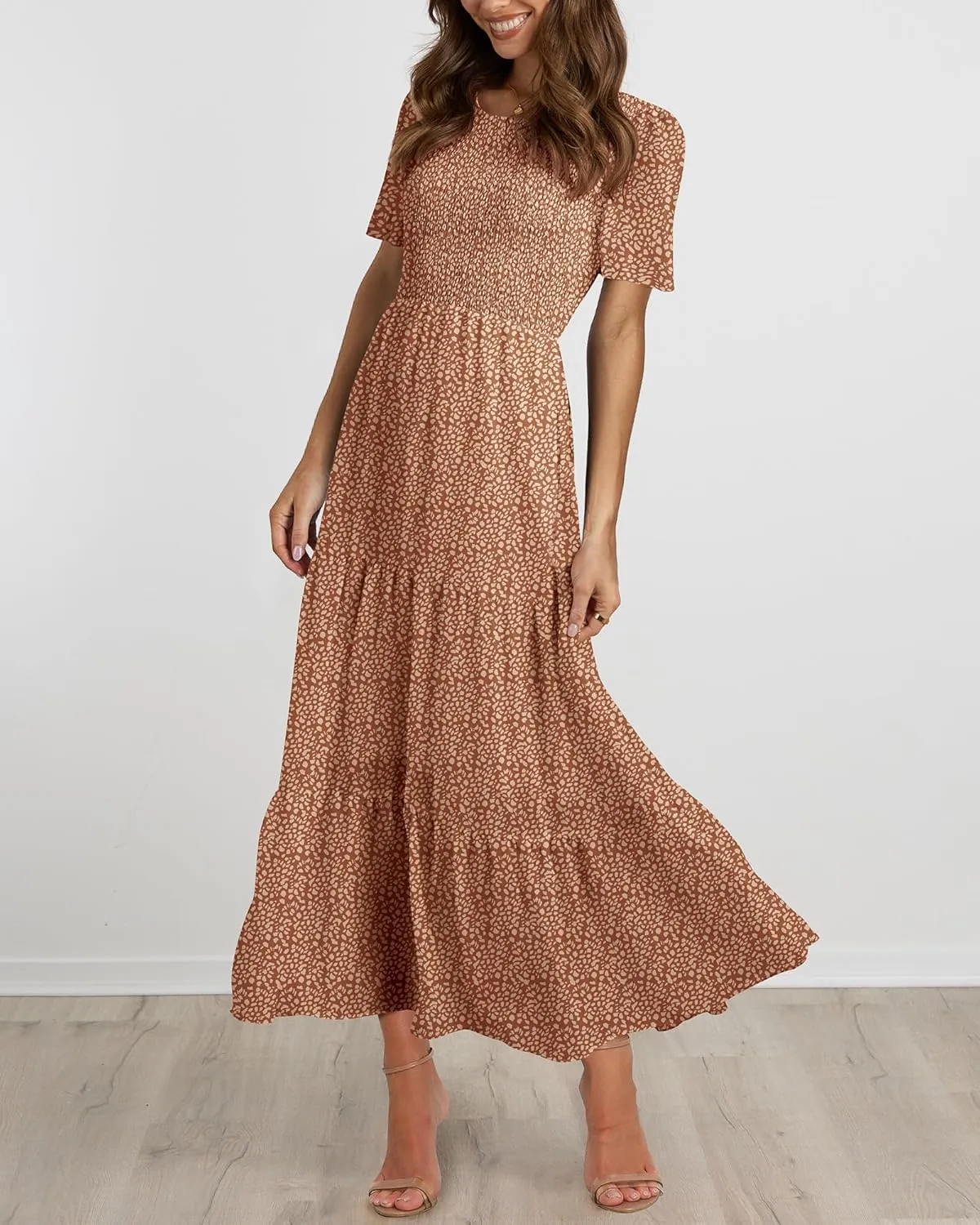 BTFBM Women Casual Short Sleeve Crew Neck Summer Dress Bohemian Floral Printed Flowy Maxi Dresses Tiered Cocktail Dress