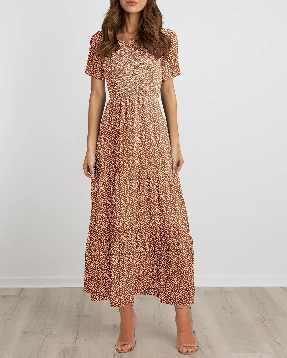 BTFBM Women Casual Short Sleeve Crew Neck Summer Dress Bohemian Floral Printed Flowy Maxi Dresses Tiered Cocktail Dress
