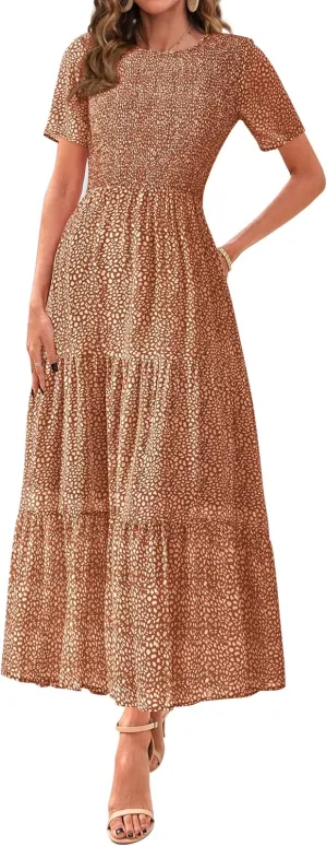 BTFBM Women Casual Short Sleeve Crew Neck Summer Dress Bohemian Floral Printed Flowy Maxi Dresses Tiered Cocktail Dress