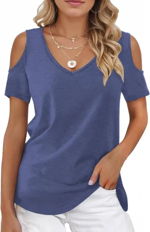 Buauty Womens Summer Trendy Shirts V Neck Criss Cross Cold Shoulder Tops Solid Color Fashion Casual Loose Sexy Blouse