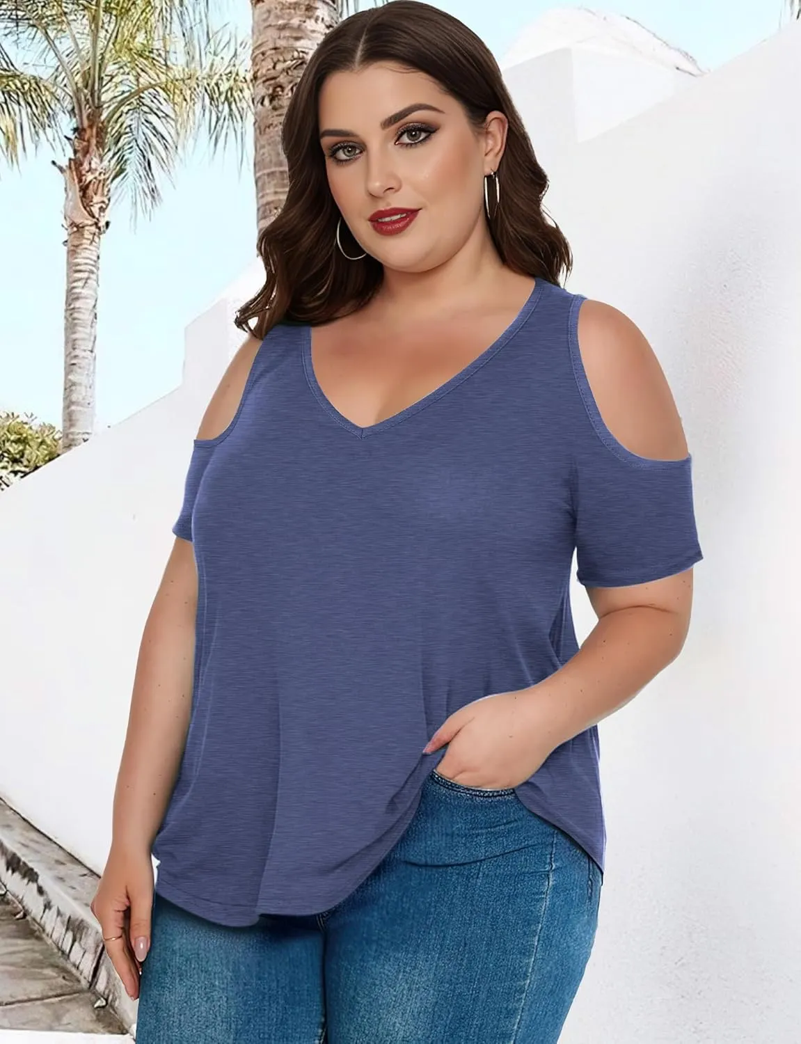 Buauty Womens Summer Trendy Shirts V Neck Criss Cross Cold Shoulder Tops Solid Color Fashion Casual Loose Sexy Blouse