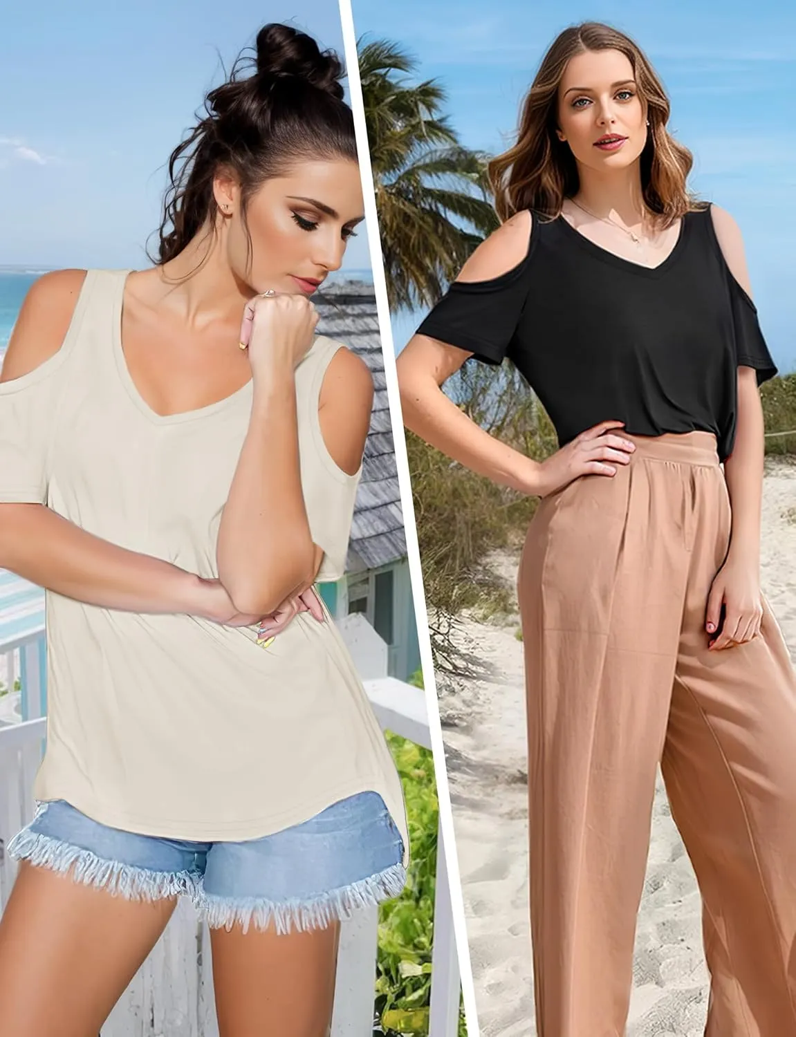 Buauty Womens Summer Trendy Shirts V Neck Criss Cross Cold Shoulder Tops Solid Color Fashion Casual Loose Sexy Blouse