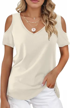 Buauty Womens Summer Trendy Shirts V Neck Criss Cross Cold Shoulder Tops Solid Color Fashion Casual Loose Sexy Blouse