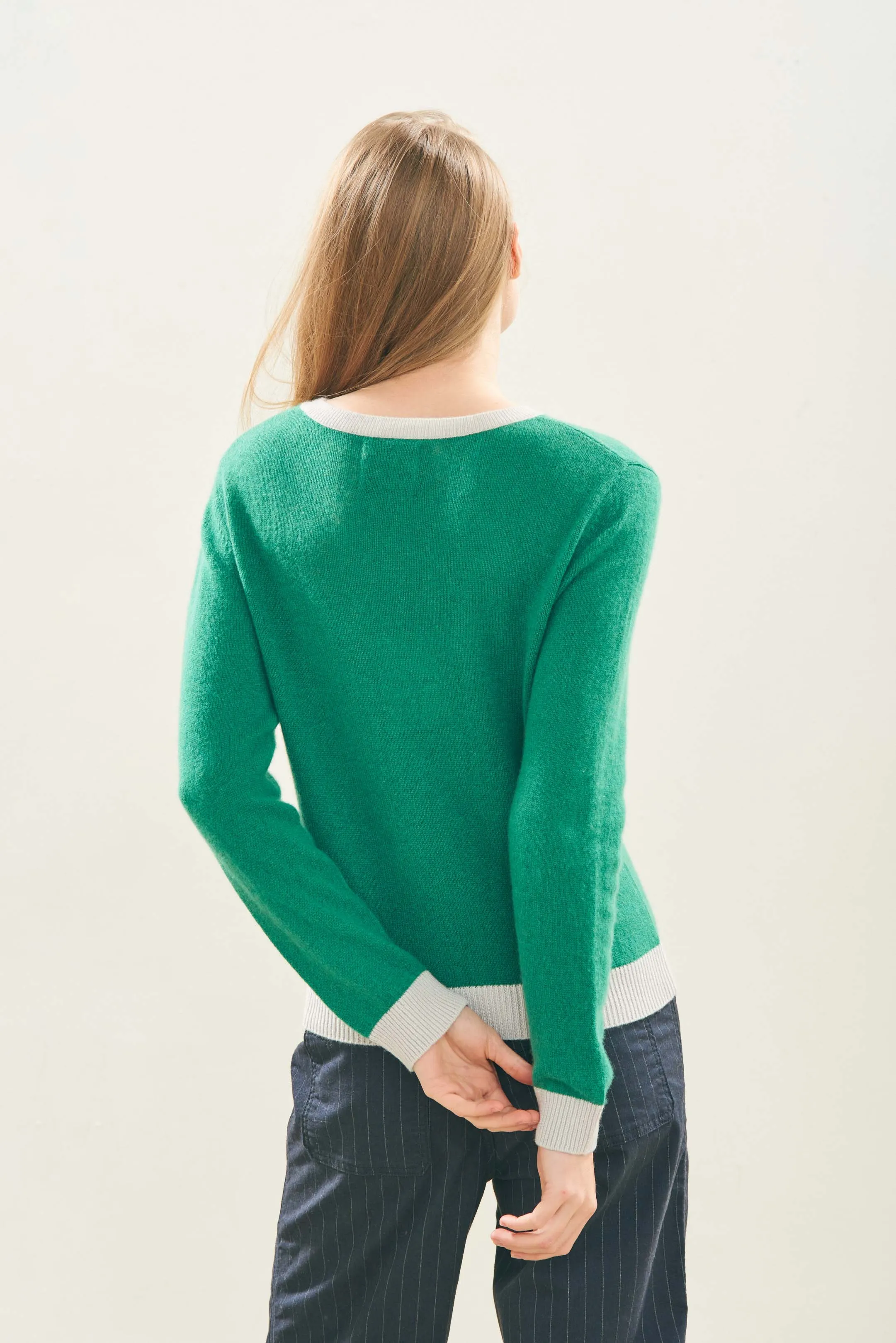 Cashmere Contrast Crew in Grass and Fog