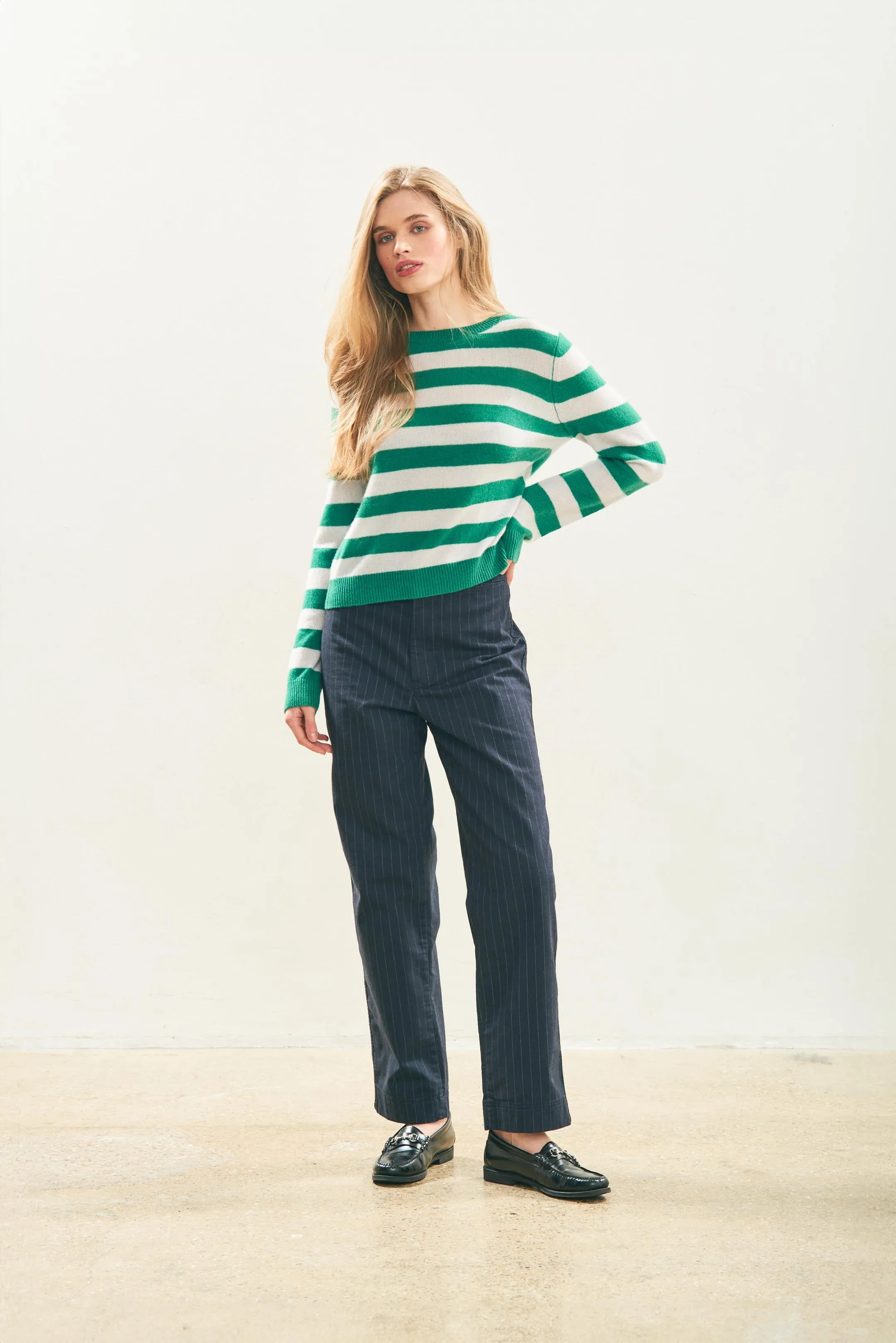 Cashmere Stripe Crew in Grass Green and Fog
