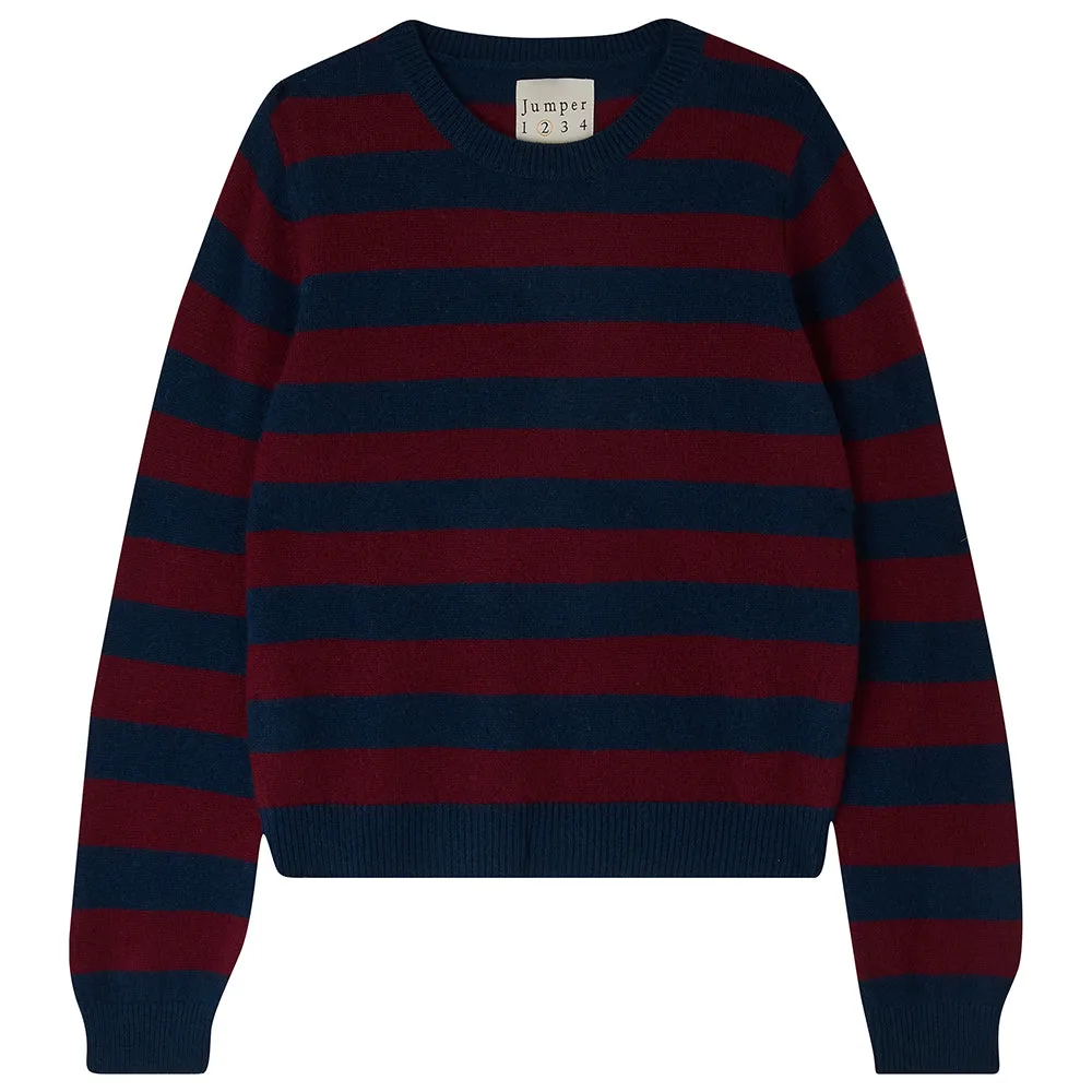 Cashmere Stripe Crew in Navy and Burgundy