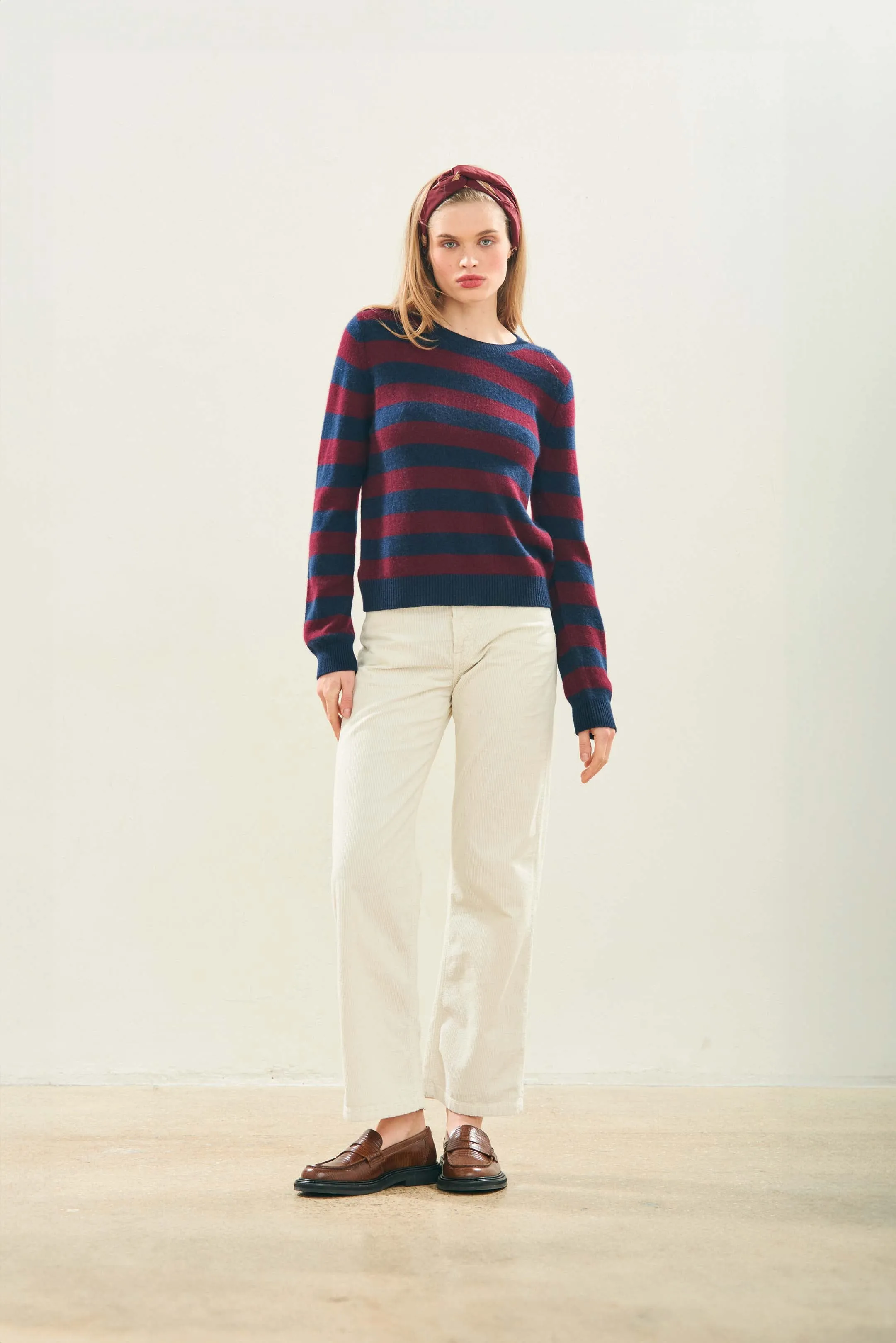 Cashmere Stripe Crew in Navy and Burgundy