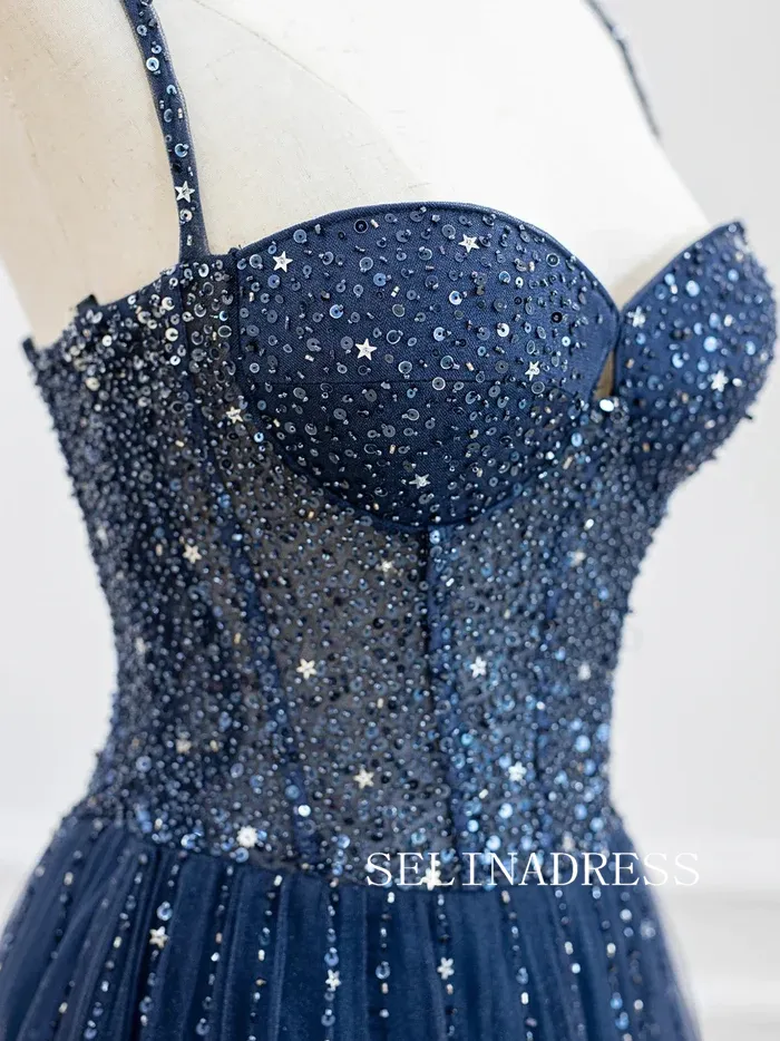 Chic A-line Shiny Dark Navy Long Prom Dresses Gorgeous Evening Dress TKH002