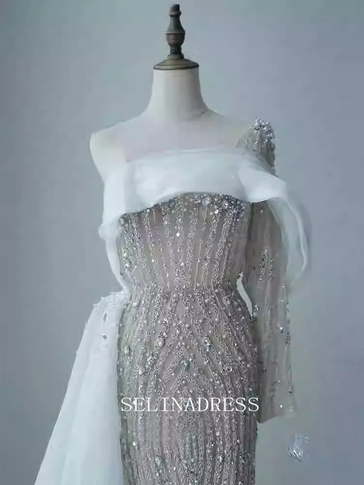 Chic Mermaid One Shoulder Long Sleeve Prom Dresses Elegant Beaded Evening Dress TKL3082