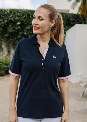 Cotton Contrast Trim Polo Navy/Pale Pink