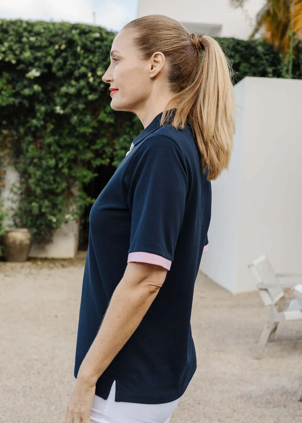 Cotton Contrast Trim Polo Navy/Pale Pink