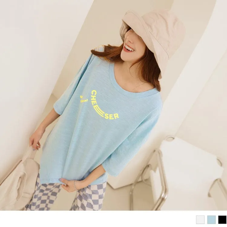 COTTON LETTER PRINTED DROP SHOULDER 3/4 SLEEVE TOPS