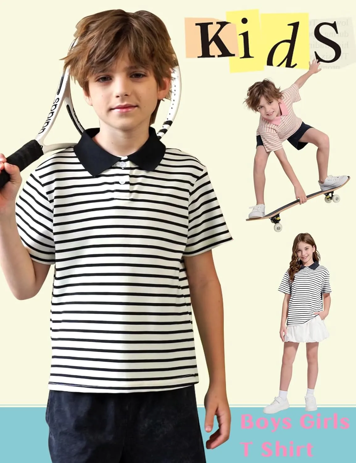 COZYPOIN Kids Boys Girls T Shirt Polo Striped School Uniform Short Sleeve Shirts Summer Button Collared Tops, 5-14 Years