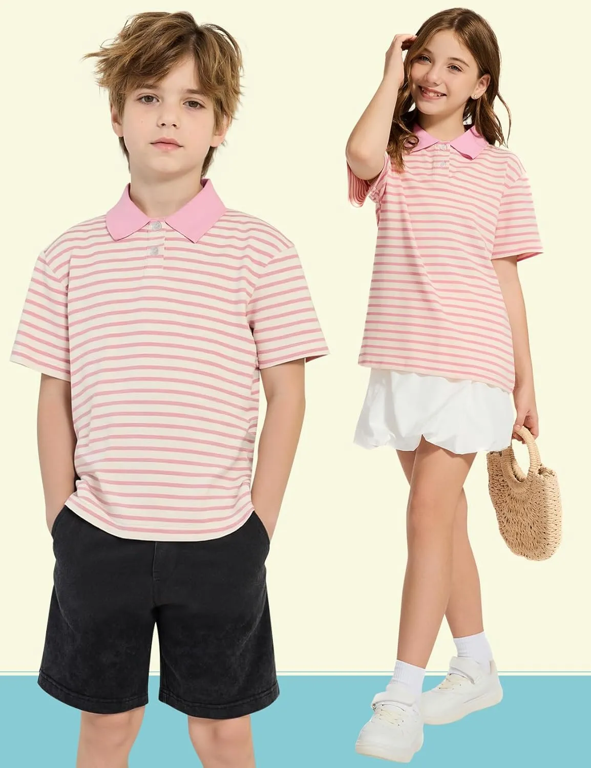 COZYPOIN Kids Boys Girls T Shirt Polo Striped School Uniform Short Sleeve Shirts Summer Button Collared Tops, 5-14 Years