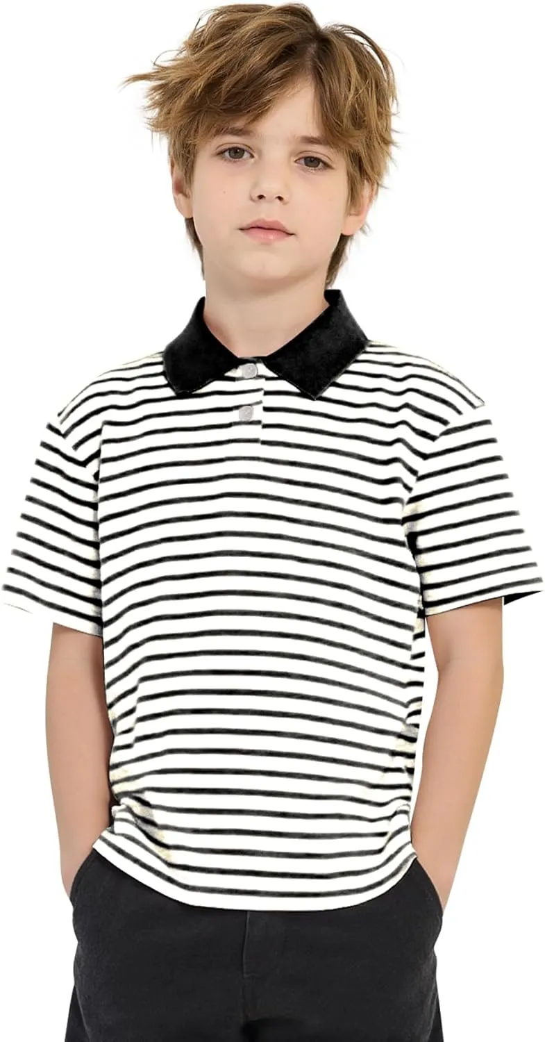 COZYPOIN Kids Boys Girls T Shirt Polo Striped School Uniform Short Sleeve Shirts Summer Button Collared Tops, 5-14 Years