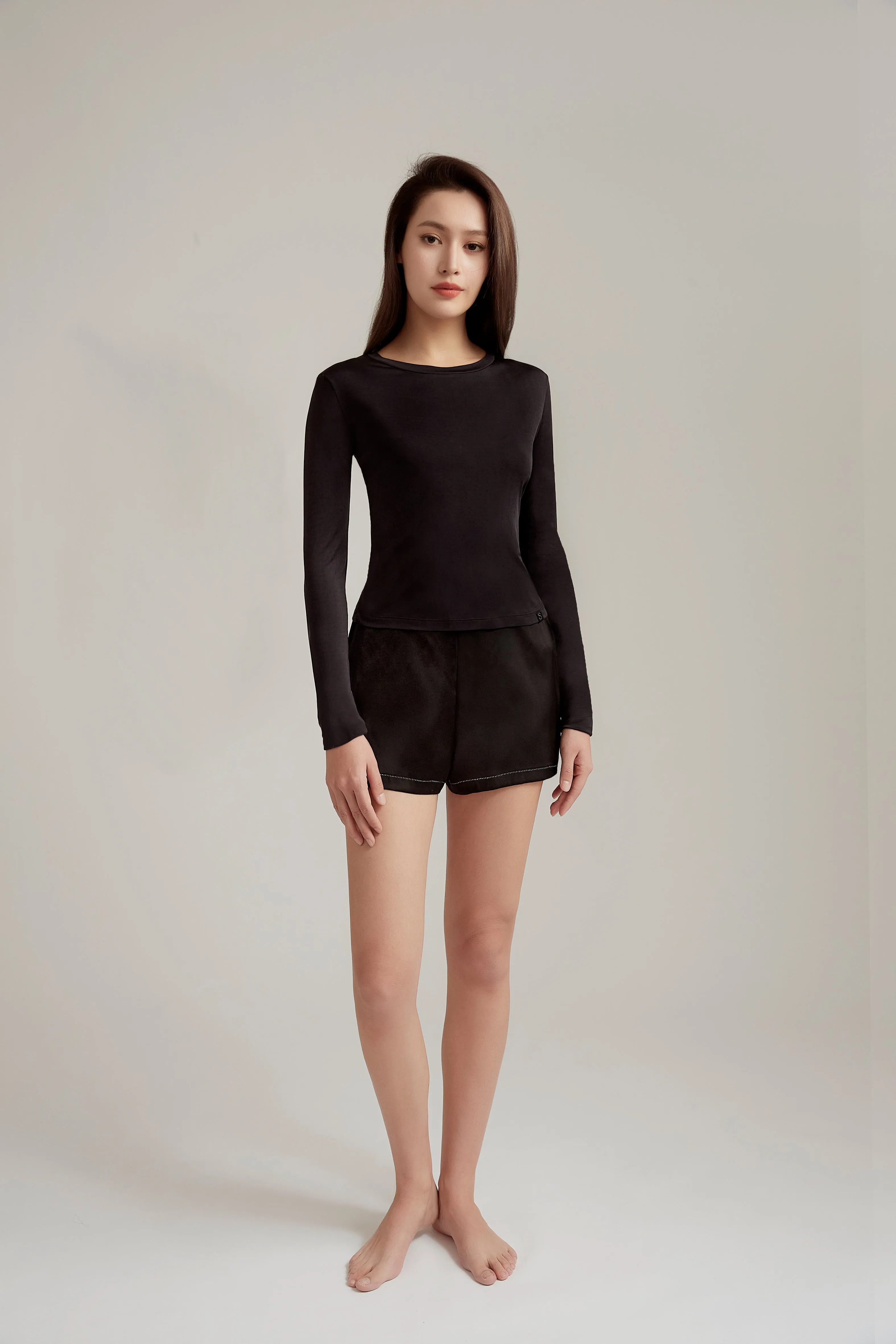 Crystal Black Long Sleeve Silk Blend Top