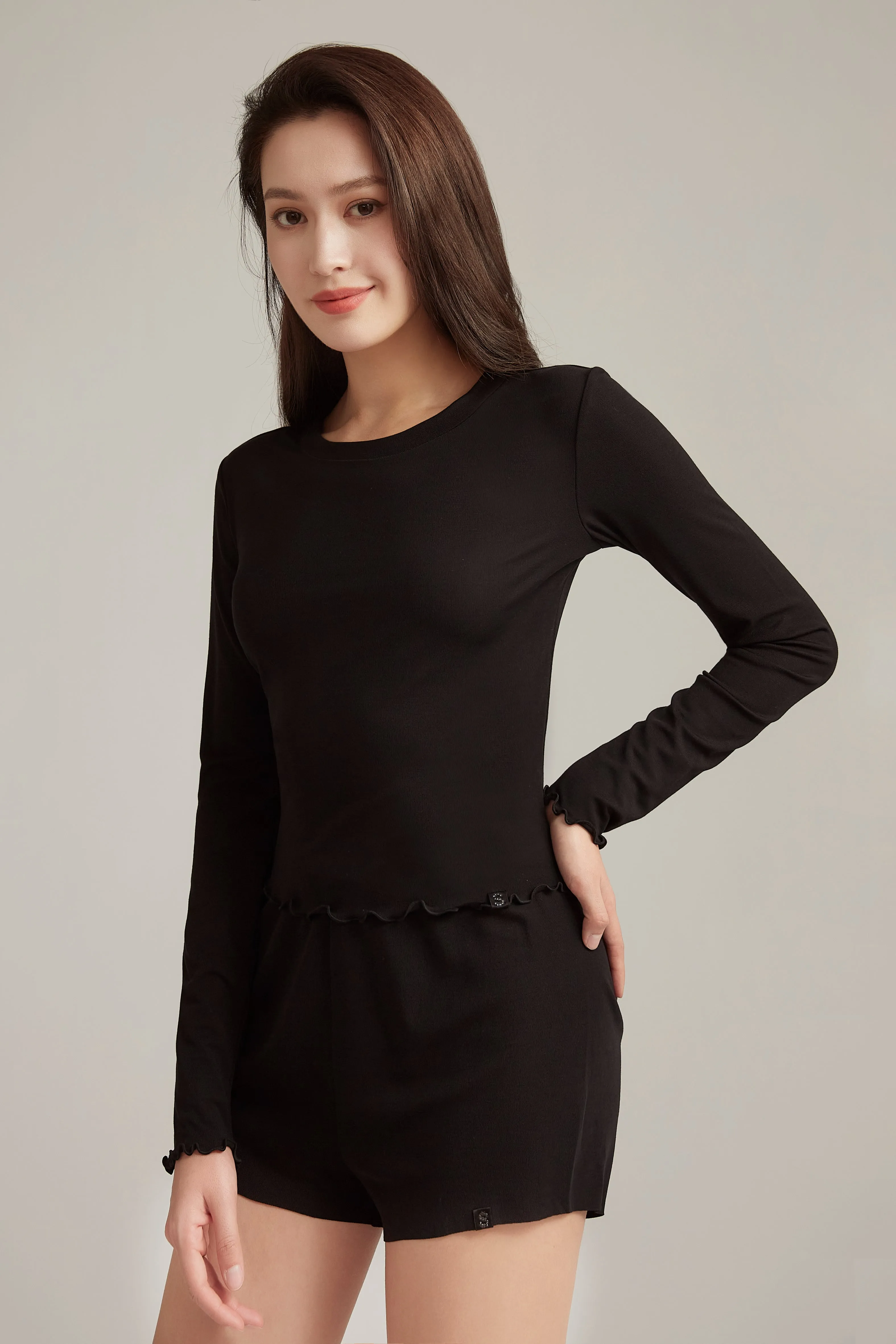 Crystal Black Long Sleeve Silk Blend Top