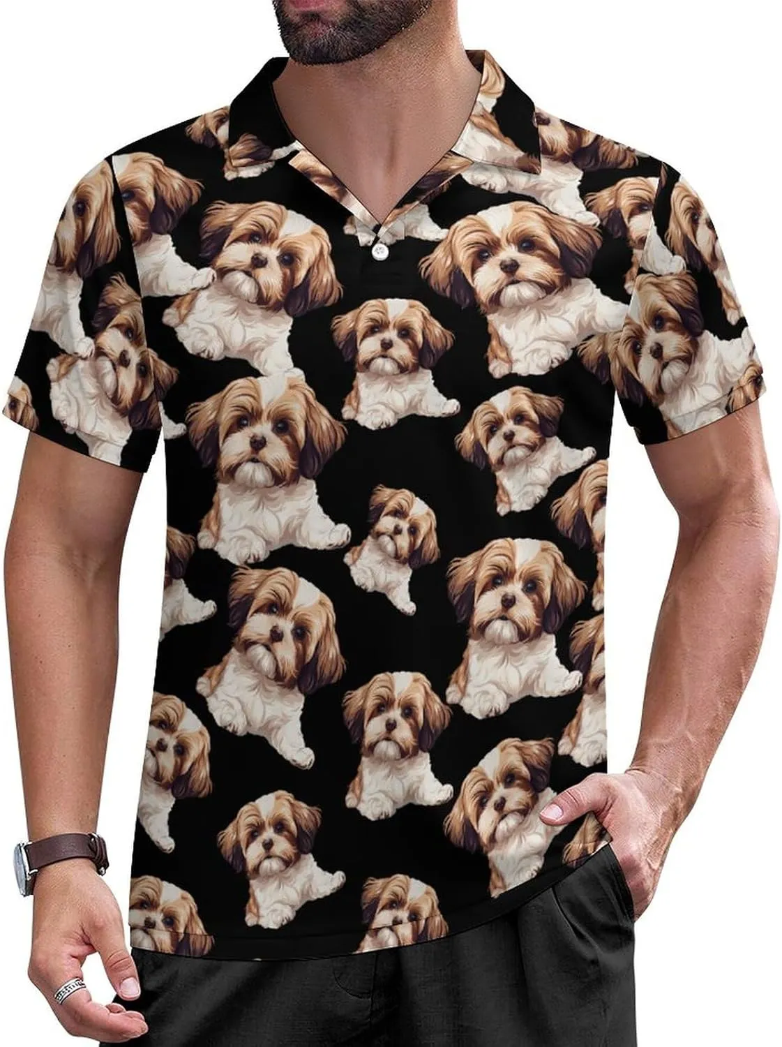 Cute Shih Tzucute Dog Mens Polo Shirts Short Sleeve Mesh Gym T-Shirt Summer Tee Top