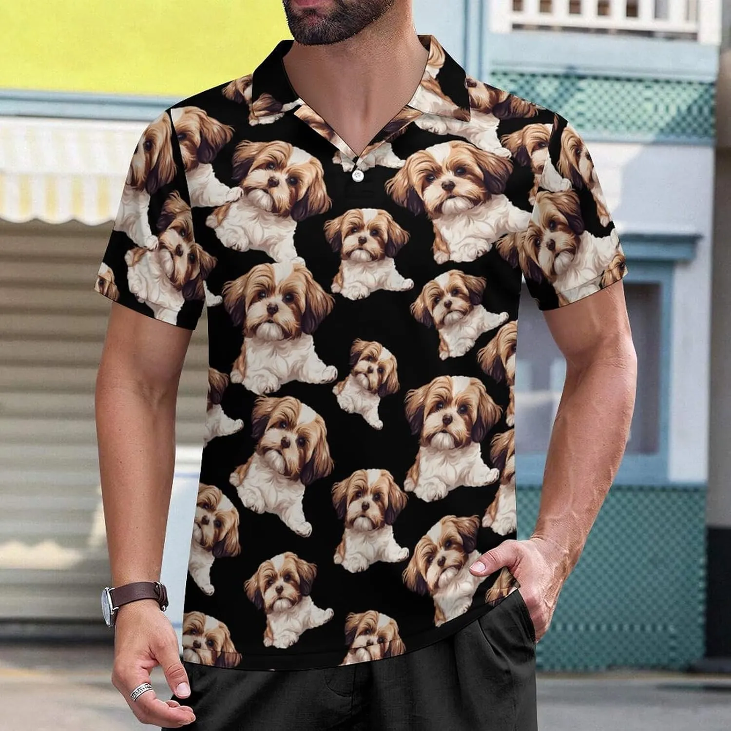 Cute Shih Tzucute Dog Mens Polo Shirts Short Sleeve Mesh Gym T-Shirt Summer Tee Top