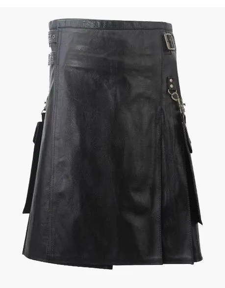 DETACHABLE POCKETS IN A BLACK LEATHER KILT