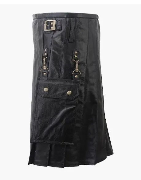 DETACHABLE POCKETS IN A BLACK LEATHER KILT