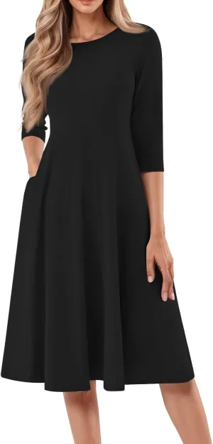 Dress for Women Casual Spring 3/4 Sleeve Ruched Dresses Midi Crew Neck A Line Solid Color with Pockets