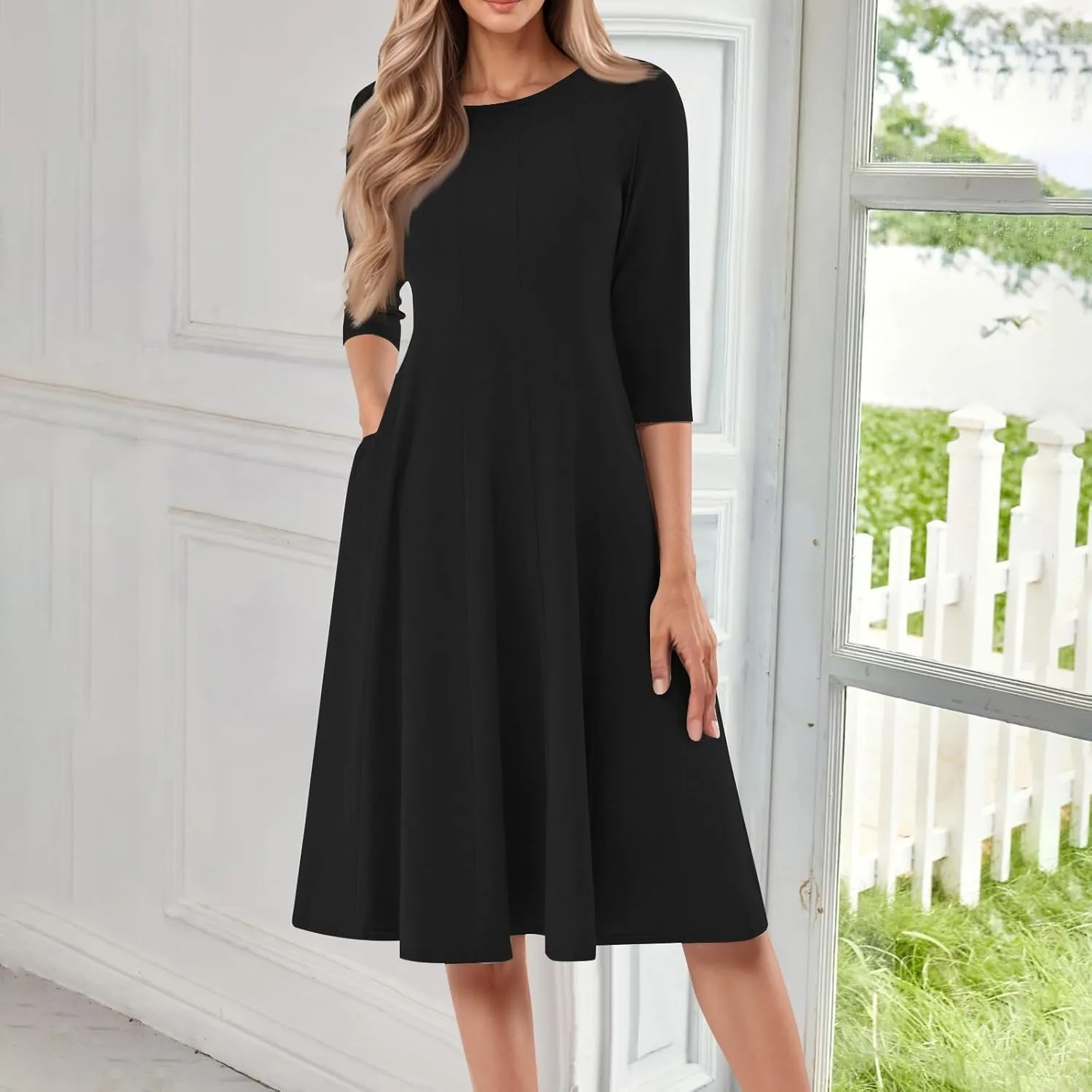 Dress for Women Casual Spring 3/4 Sleeve Ruched Dresses Midi Crew Neck A Line Solid Color with Pockets