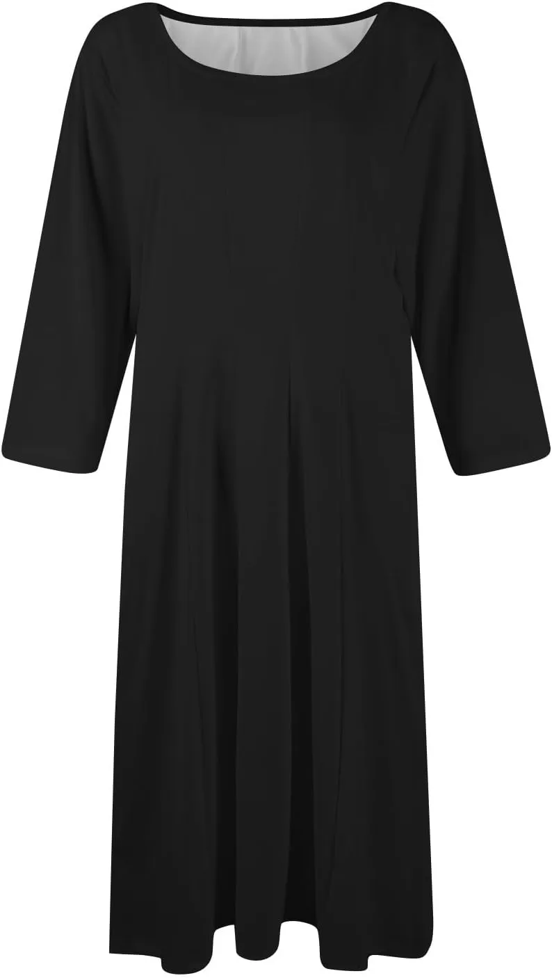 Dress for Women Casual Spring 3/4 Sleeve Ruched Dresses Midi Crew Neck A Line Solid Color with Pockets