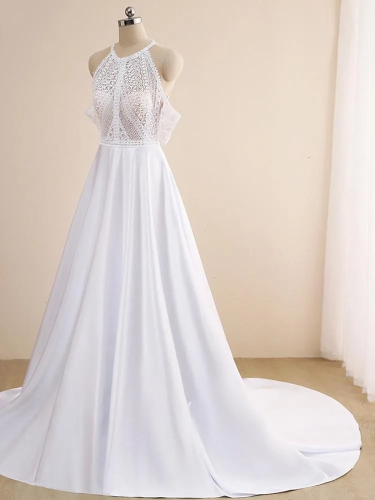 Elegant A-line Halter Lace Satin Long Wedding Dress