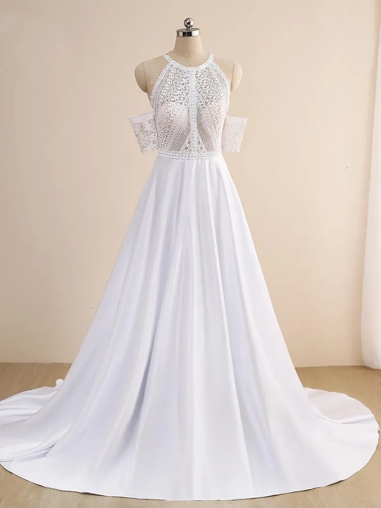 Elegant A-line Halter Lace Satin Long Wedding Dress