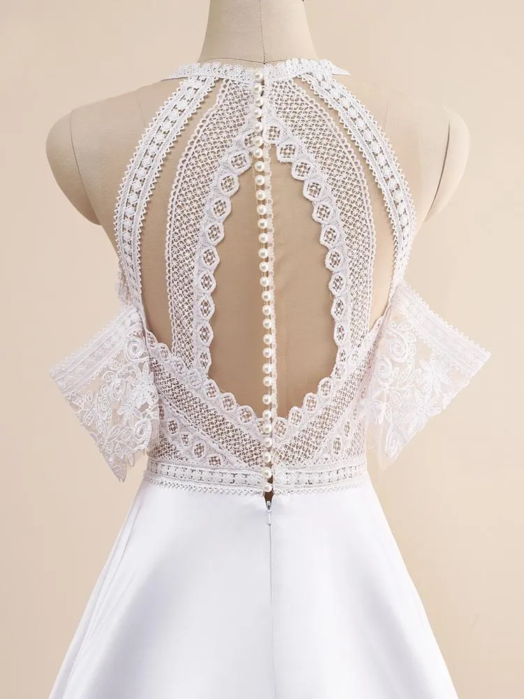 Elegant A-line Halter Lace Satin Long Wedding Dress