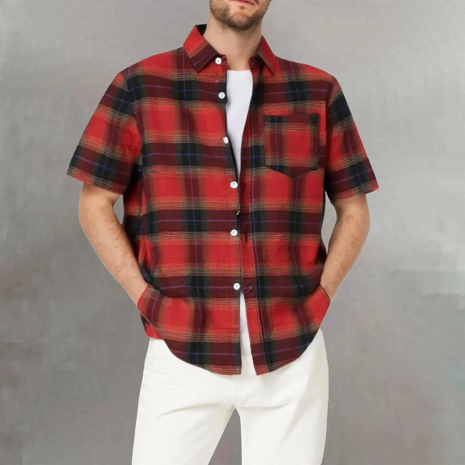 Flannel Shirt for Men Short Sleeve Button Up Plaid Tshirt with Pocket Casual Work Top Lightweight Breathable Clothes