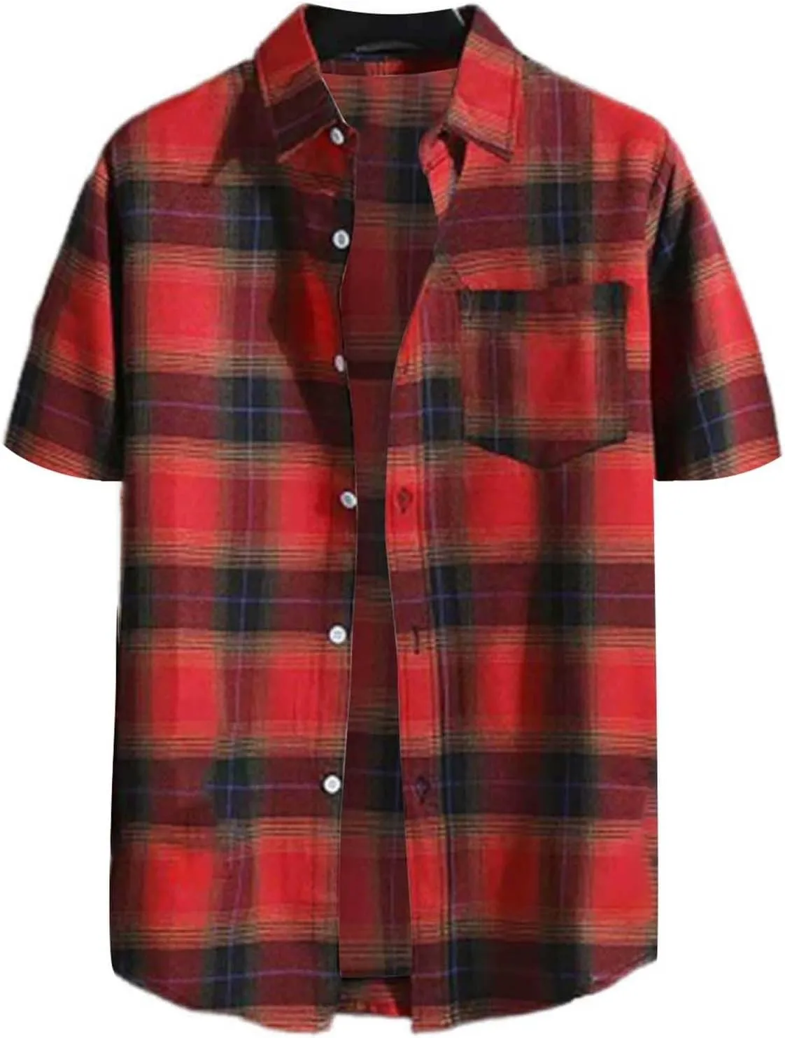 Flannel Shirt for Men Short Sleeve Button Up Plaid Tshirt with Pocket Casual Work Top Lightweight Breathable Clothes
