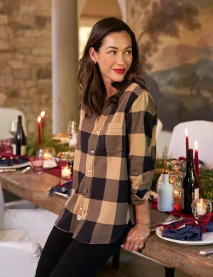 Frank & Eileen Joedy Boyfriend Button-Up Flannel in Large Tan & Black Checker